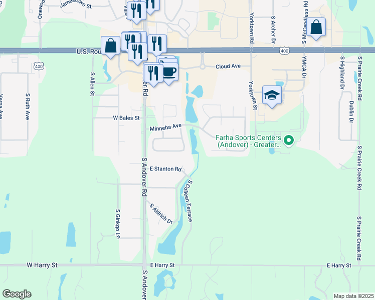 map of restaurants, bars, coffee shops, grocery stores, and more near 815 South Sunset Circle in Andover
