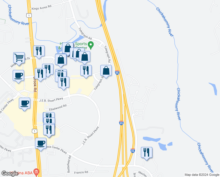 map of restaurants, bars, coffee shops, grocery stores, and more near 10561 Telegraph Road in Glen Allen