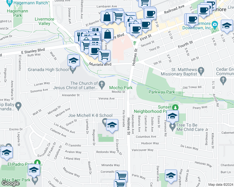 map of restaurants, bars, coffee shops, grocery stores, and more near 1143 Mocho Street in Livermore