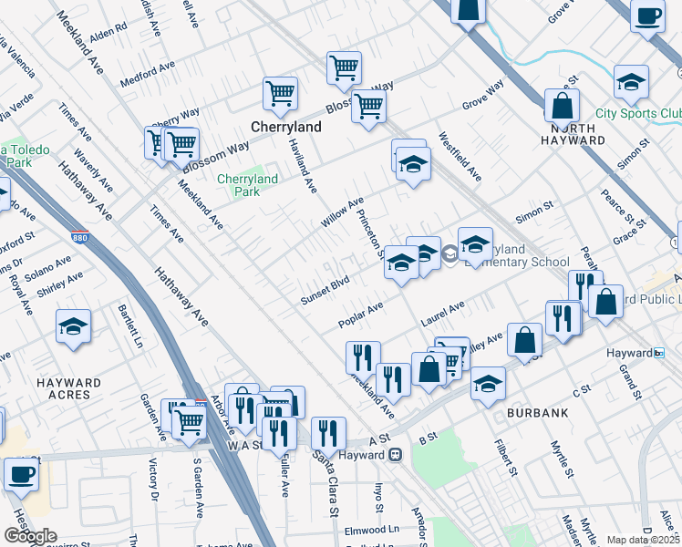 map of restaurants, bars, coffee shops, grocery stores, and more near 204 Sunset Boulevard in Hayward