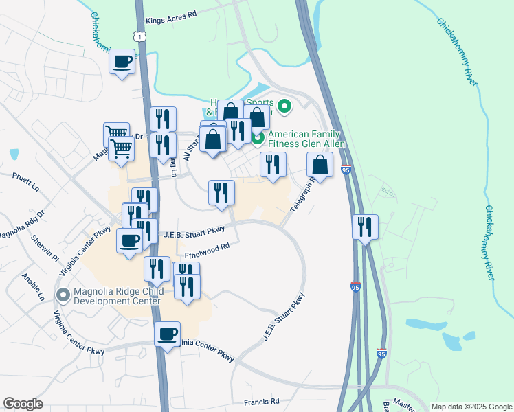map of restaurants, bars, coffee shops, grocery stores, and more near 10091 Jeb Stuart Parkway in Glen Allen
