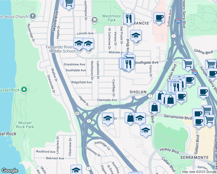 map of restaurants, bars, coffee shops, grocery stores, and more near 42 Pacifico Avenue in Daly City