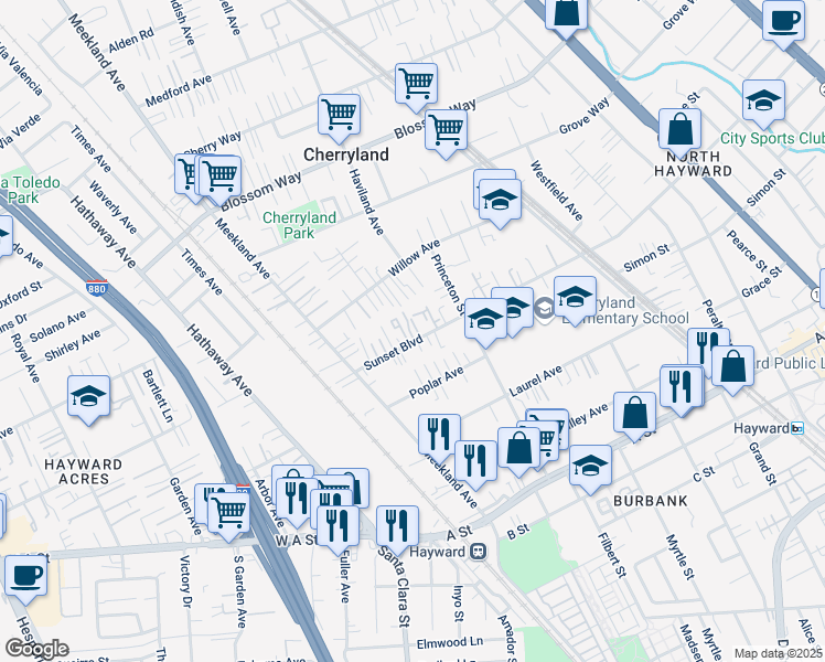 map of restaurants, bars, coffee shops, grocery stores, and more near 204 Sunset Boulevard in Hayward