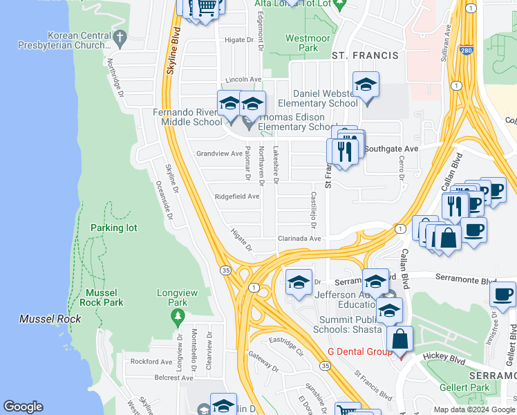 map of restaurants, bars, coffee shops, grocery stores, and more near 4 Woodside Avenue in Daly City