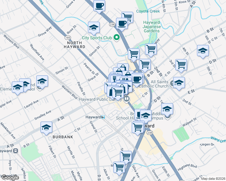 map of restaurants, bars, coffee shops, grocery stores, and more near 823 A Street in Hayward