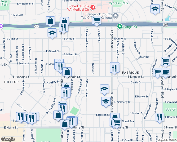 map of restaurants, bars, coffee shops, grocery stores, and more near 859 Sylvan Lane in Wichita