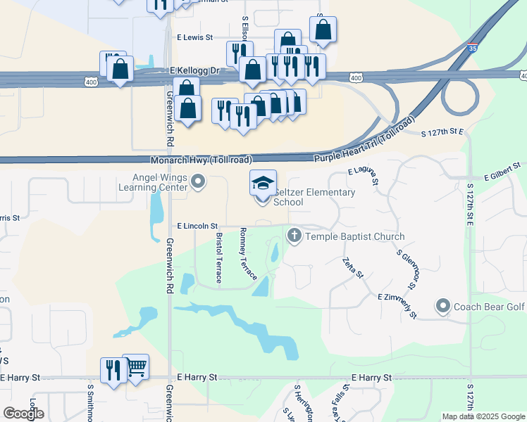 map of restaurants, bars, coffee shops, grocery stores, and more near 11660 East Lincoln Street in Wichita