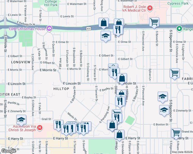 map of restaurants, bars, coffee shops, grocery stores, and more near 836 South Terrace Drive in Wichita