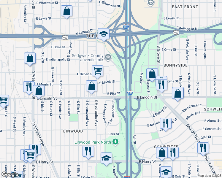 map of restaurants, bars, coffee shops, grocery stores, and more near 1127 South Minneapolis Avenue in Wichita