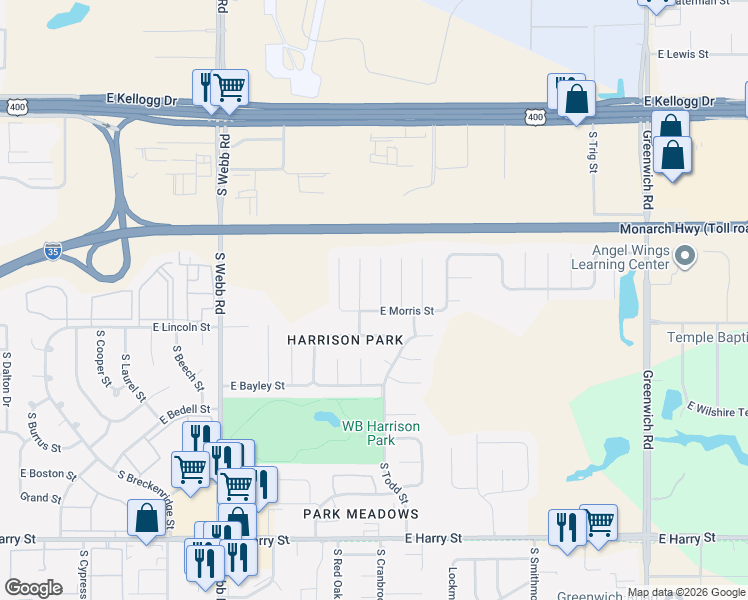 map of restaurants, bars, coffee shops, grocery stores, and more near 825 South Cranbrook Circle in Wichita