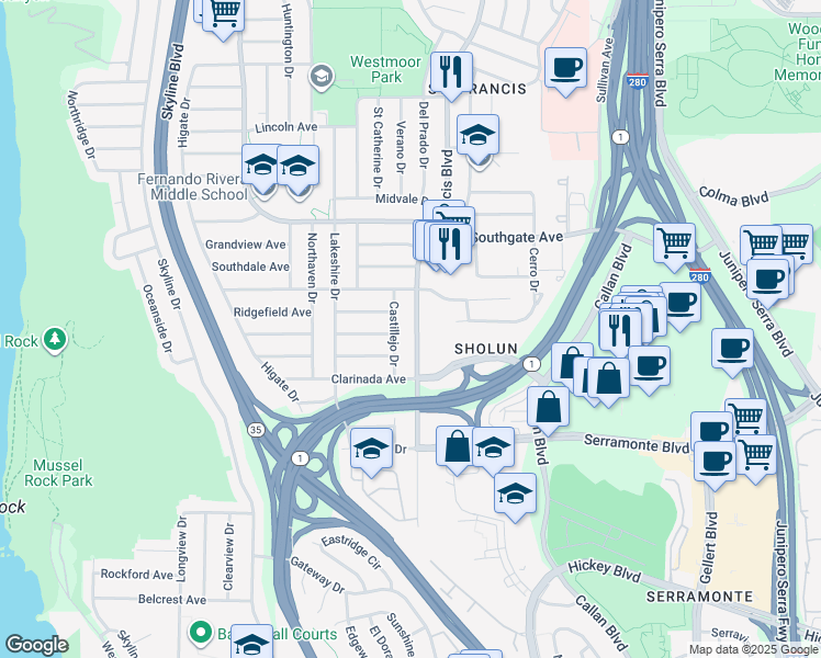 map of restaurants, bars, coffee shops, grocery stores, and more near 648 Saint Francis Boulevard in Daly City