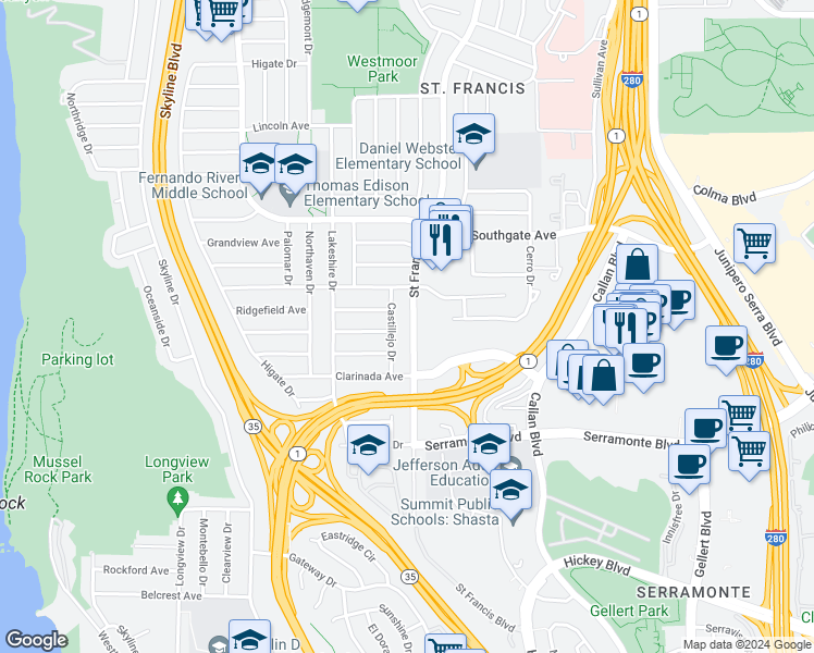 map of restaurants, bars, coffee shops, grocery stores, and more near 648 Saint Francis Boulevard in Daly City