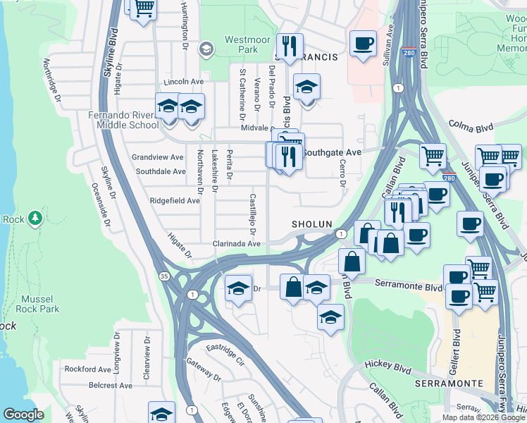 map of restaurants, bars, coffee shops, grocery stores, and more near 648 Saint Francis Boulevard in Daly City
