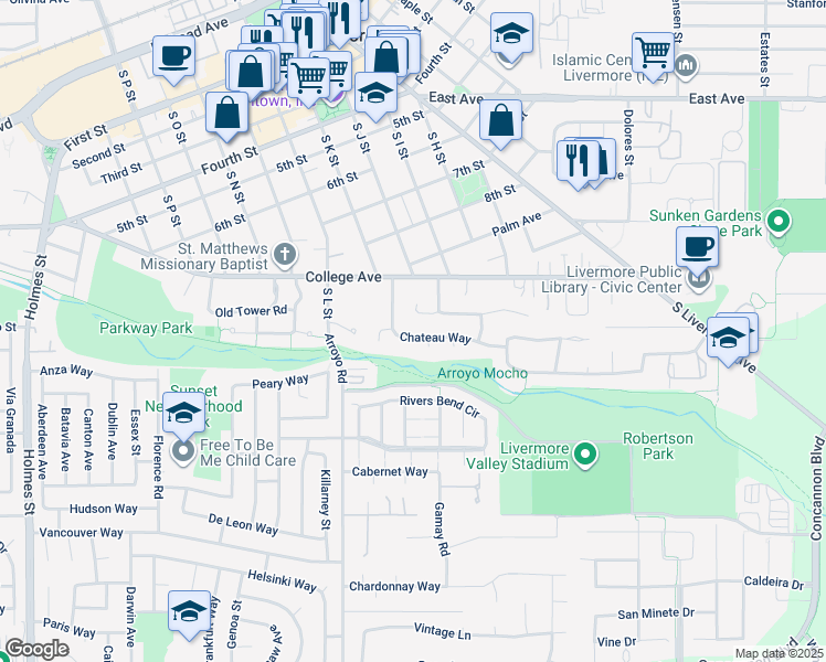 map of restaurants, bars, coffee shops, grocery stores, and more near 2248 Chateau Way in Livermore