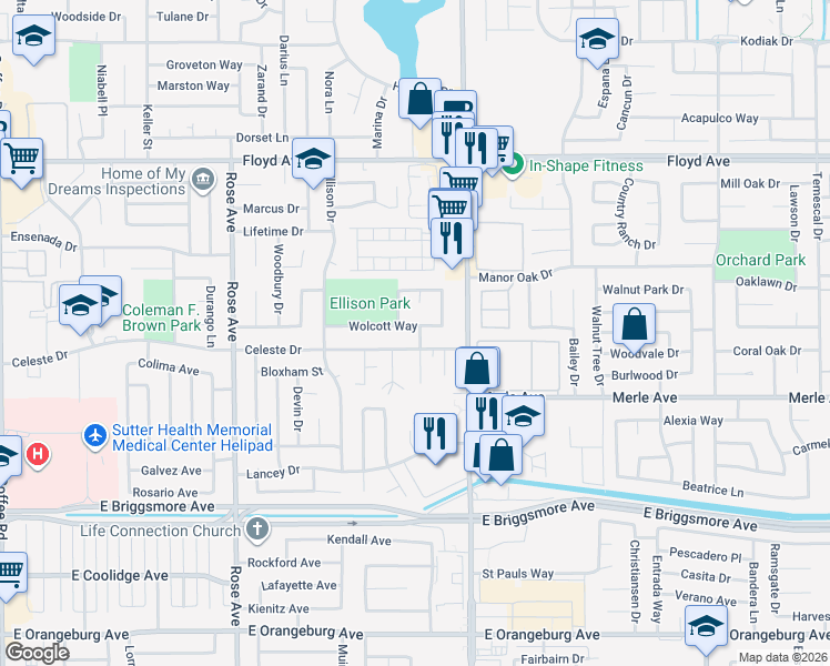 map of restaurants, bars, coffee shops, grocery stores, and more near 2055 Celeste Drive in Modesto