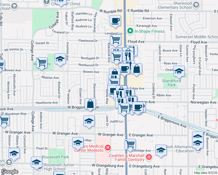 map of restaurants, bars, coffee shops, grocery stores, and more near 2001 McHenry Avenue in Modesto