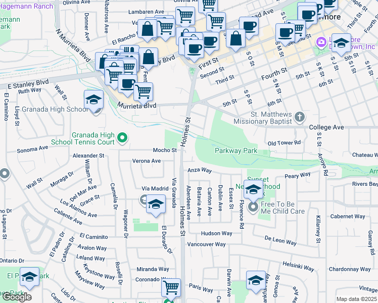 map of restaurants, bars, coffee shops, grocery stores, and more near 840 Holmes Street in Livermore