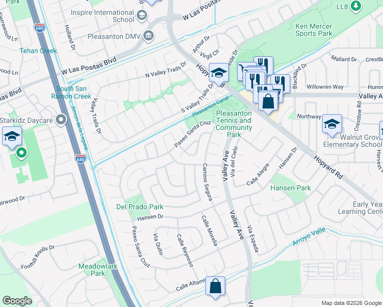 map of restaurants, bars, coffee shops, grocery stores, and more near 6318 Camino del Lago in Pleasanton
