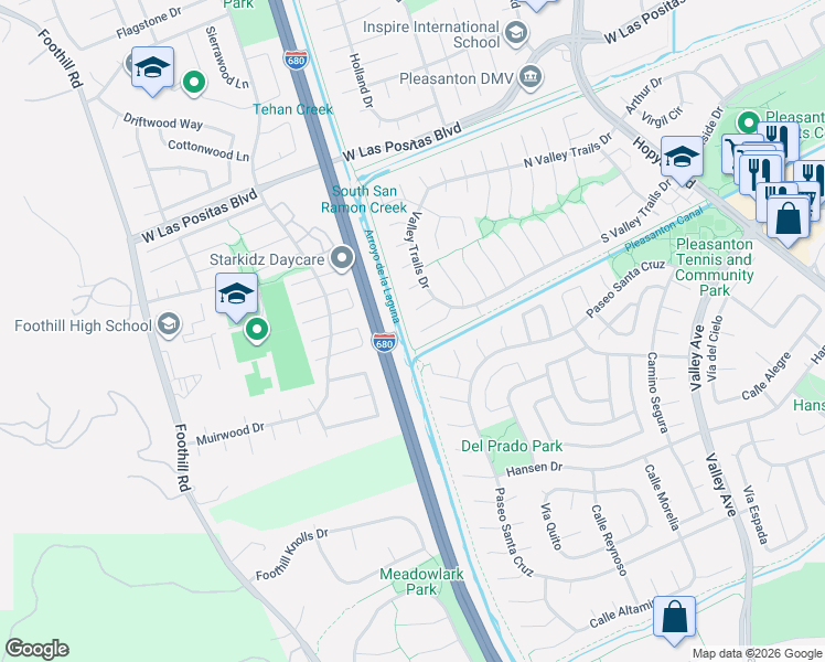 map of restaurants, bars, coffee shops, grocery stores, and more near 3681 Shenandoah Court in Pleasanton