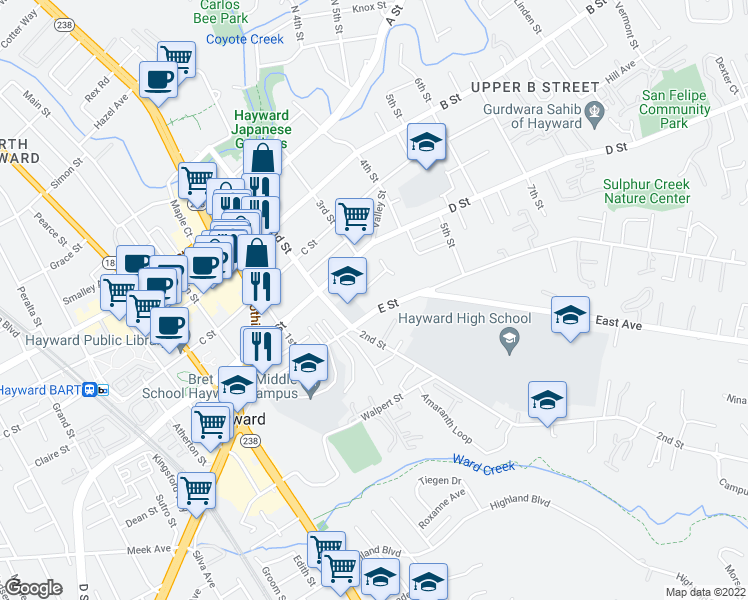 map of restaurants, bars, coffee shops, grocery stores, and more near 1275 E Street in Hayward