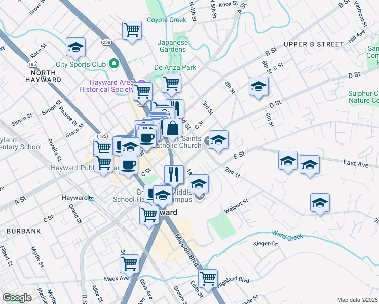 map of restaurants, bars, coffee shops, grocery stores, and more near 22748 1st Street in Hayward