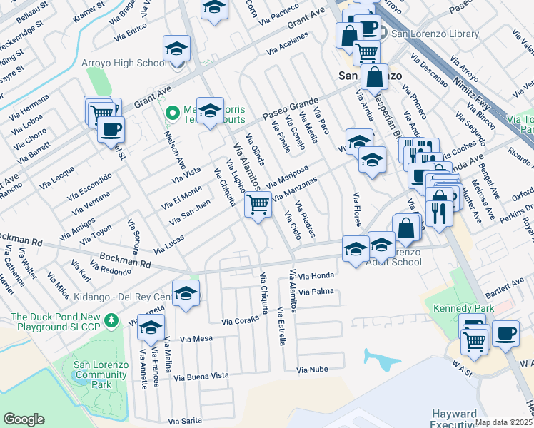 map of restaurants, bars, coffee shops, grocery stores, and more near 17034 Via Margarita in San Lorenzo