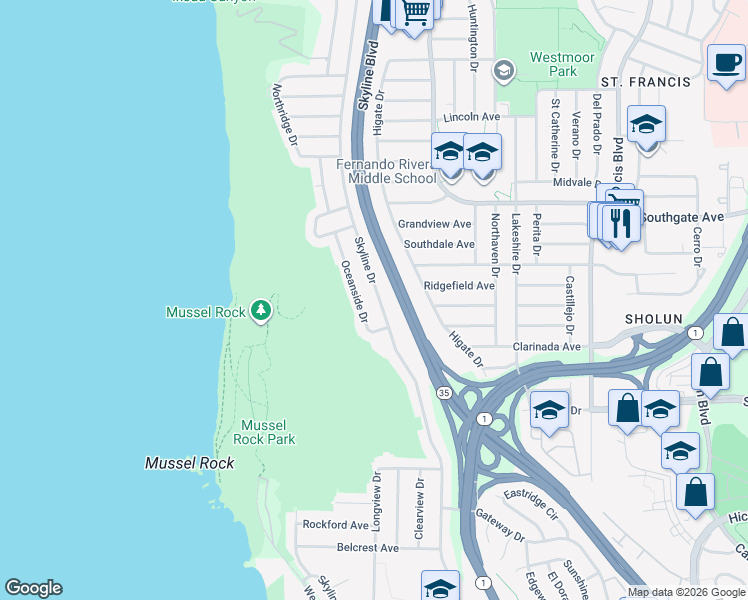 map of restaurants, bars, coffee shops, grocery stores, and more near 69 Oceanside Drive in Daly City