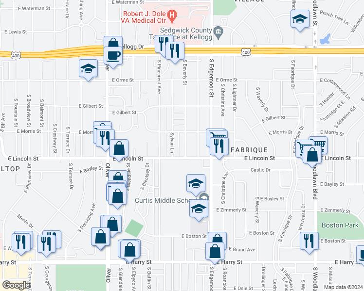 map of restaurants, bars, coffee shops, grocery stores, and more near 842 South Beverly Street in Wichita