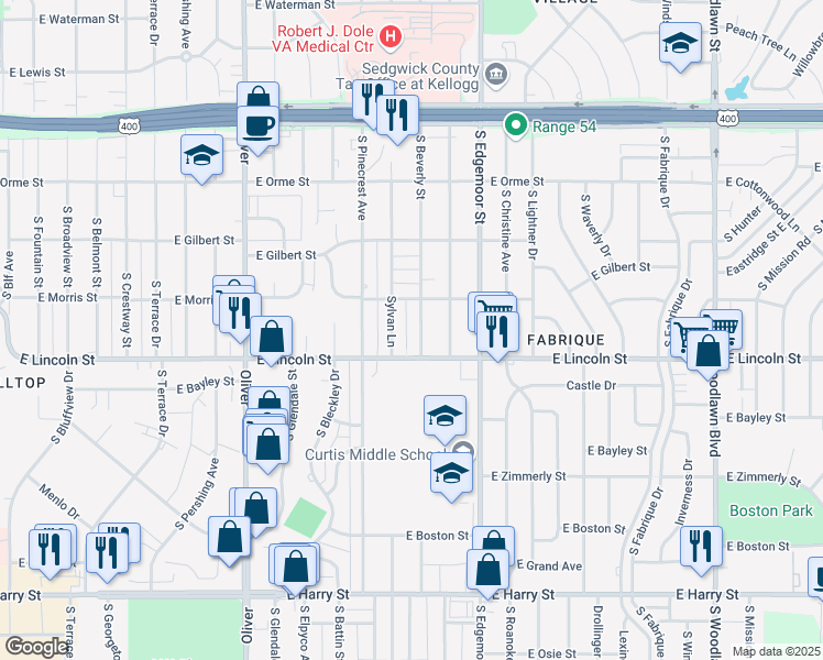 map of restaurants, bars, coffee shops, grocery stores, and more near 842 South Beverly Street in Wichita
