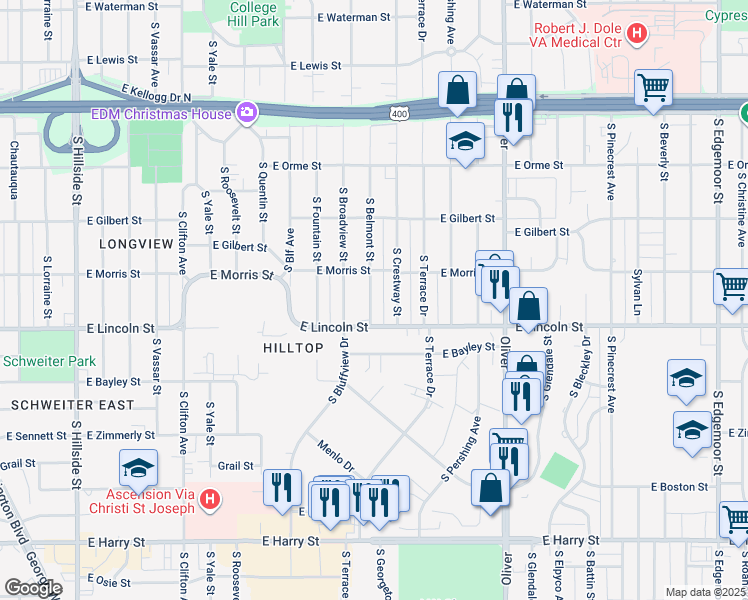 map of restaurants, bars, coffee shops, grocery stores, and more near 843 South Crestway Street in Wichita