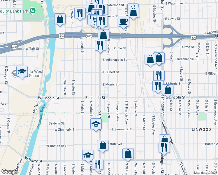 map of restaurants, bars, coffee shops, grocery stores, and more near 1117 South Emporia Street in Wichita