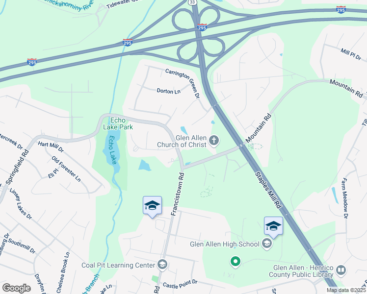 map of restaurants, bars, coffee shops, grocery stores, and more near 5970 Springfield Road in Glen Allen