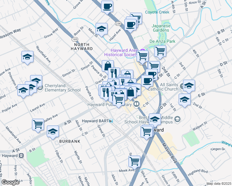 map of restaurants, bars, coffee shops, grocery stores, and more near 802 A Street in Hayward