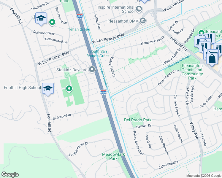 map of restaurants, bars, coffee shops, grocery stores, and more near 3681 Shenandoah Court in Pleasanton