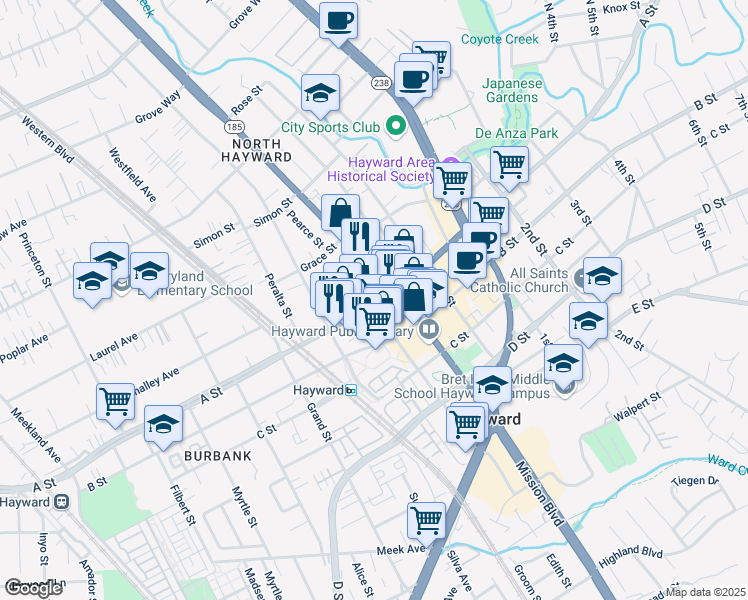 map of restaurants, bars, coffee shops, grocery stores, and more near 802 A Street in Hayward