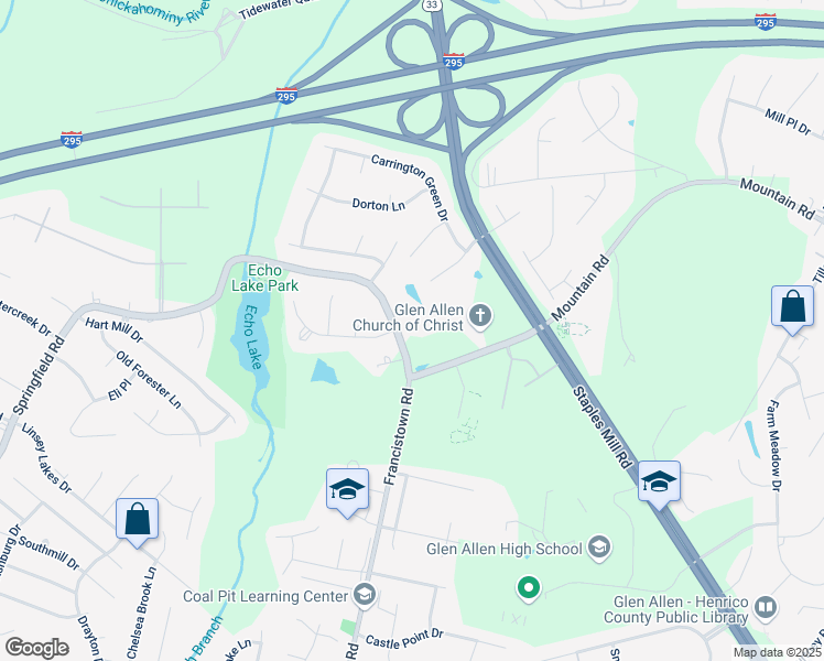 map of restaurants, bars, coffee shops, grocery stores, and more near 5970 Springfield Road in Glen Allen