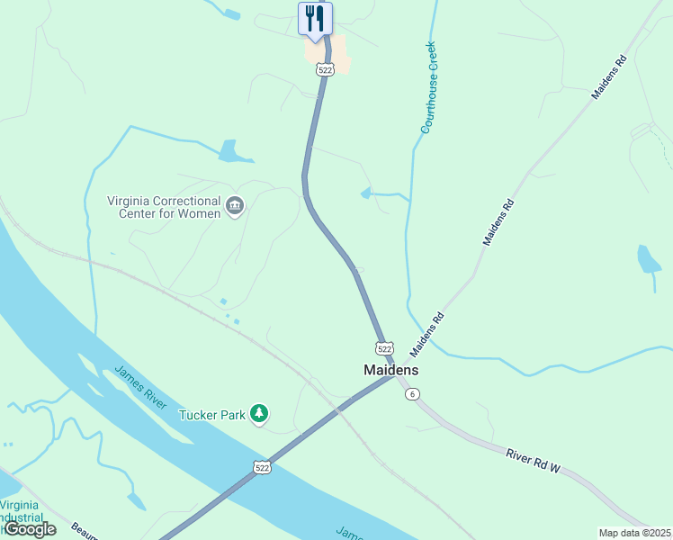 map of restaurants, bars, coffee shops, grocery stores, and more near 2801 River Road West in Maidens