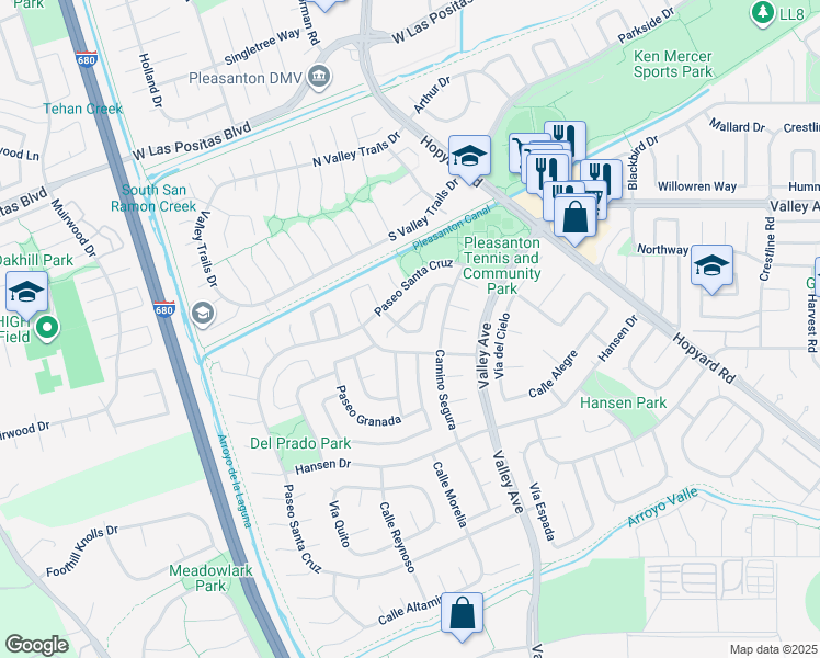 map of restaurants, bars, coffee shops, grocery stores, and more near 6321 Camino del Lago in Pleasanton