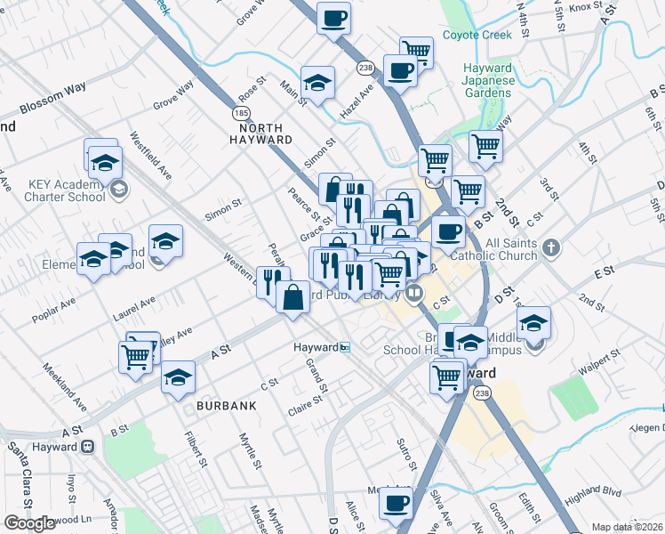 map of restaurants, bars, coffee shops, grocery stores, and more near 737 Smalley Avenue in Hayward