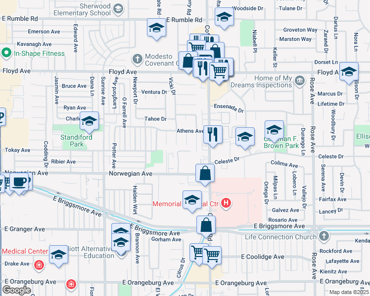 map of restaurants, bars, coffee shops, grocery stores, and more near 2001 La Veta Court in Modesto