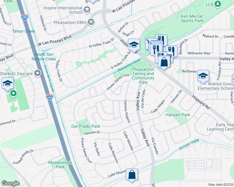 map of restaurants, bars, coffee shops, grocery stores, and more near 6321 Camino del Lago in Pleasanton