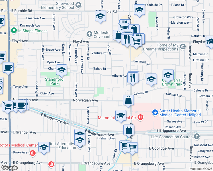 map of restaurants, bars, coffee shops, grocery stores, and more near 2000 La Jolla Court in Modesto