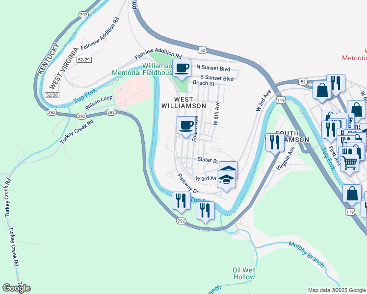 map of restaurants, bars, coffee shops, grocery stores, and more near 1703 West 3rd Avenue in Williamson