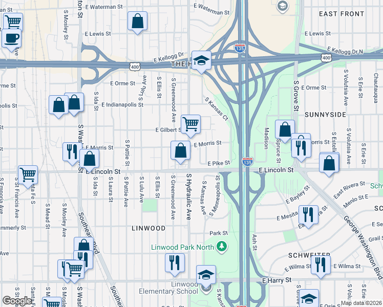 map of restaurants, bars, coffee shops, grocery stores, and more near 1130 South Hydraulic Avenue in Wichita