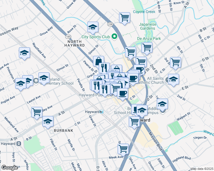 map of restaurants, bars, coffee shops, grocery stores, and more near 770 A Street in Hayward