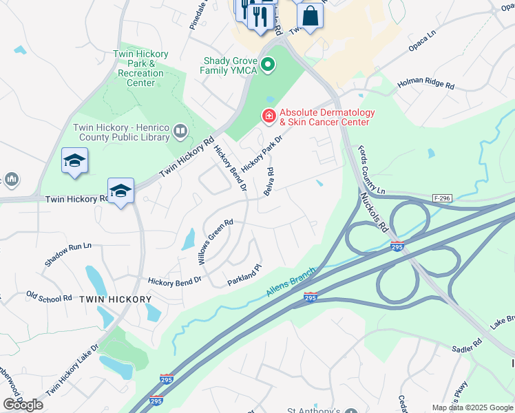 map of restaurants, bars, coffee shops, grocery stores, and more near 960 Belva Lane in Glen Allen