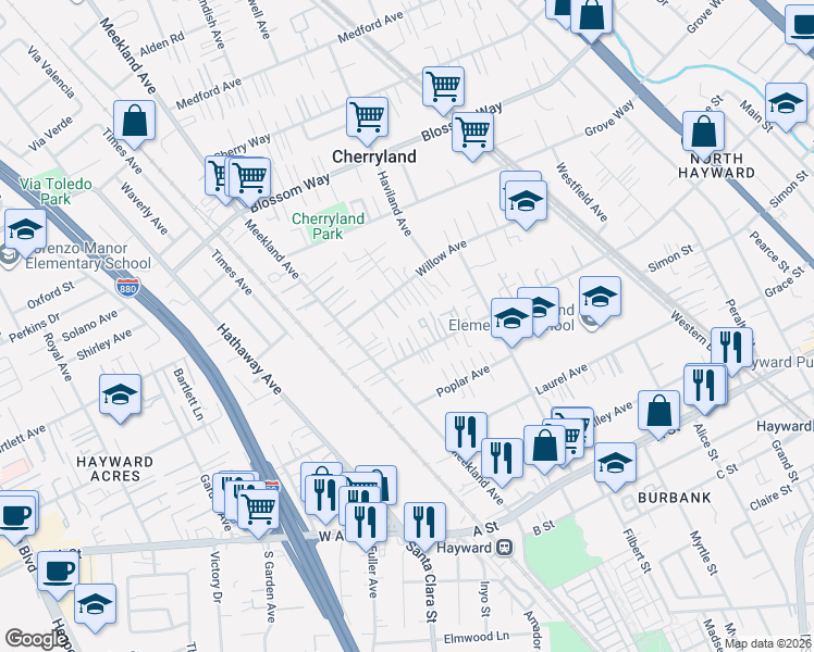 map of restaurants, bars, coffee shops, grocery stores, and more near 21893 Sunset Court in Hayward