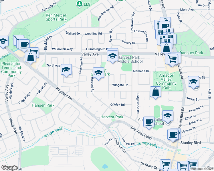 map of restaurants, bars, coffee shops, grocery stores, and more near 1778 Tanglewood Way in Pleasanton