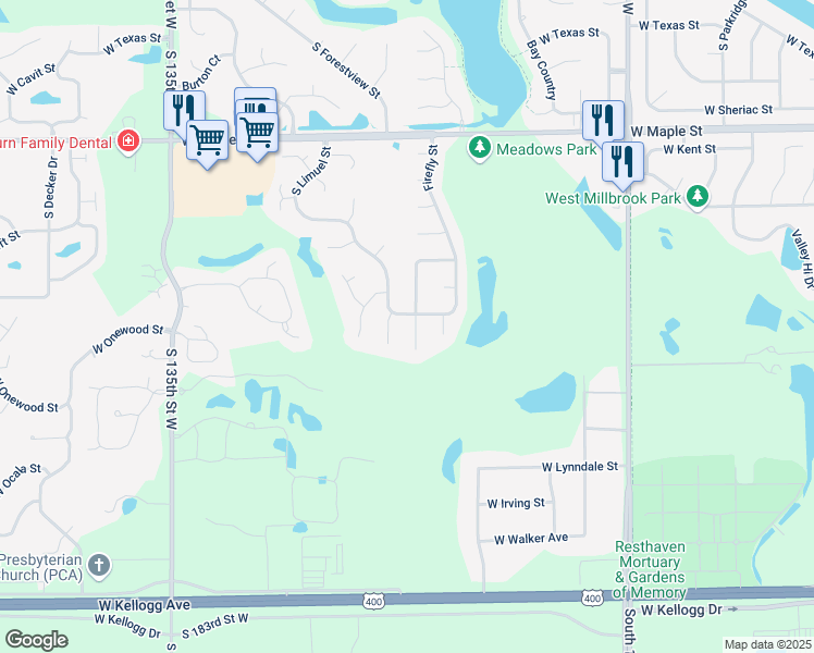 map of restaurants, bars, coffee shops, grocery stores, and more near 613 South Wheatland Circle in Wichita
