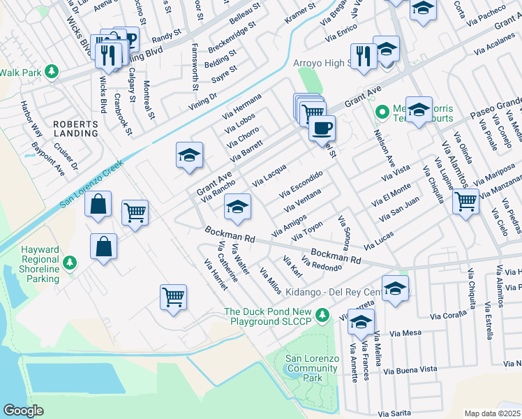 map of restaurants, bars, coffee shops, grocery stores, and more near 16017 Vía Nueva in San Lorenzo